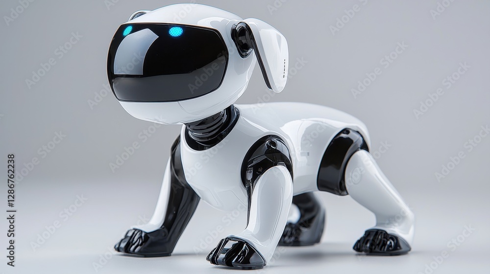 A sleek, futuristic robotic dog with a glossy finish and bright blue eyes, designed to resemble a playful pet companion. A sleek, futuristic robotic dog with a glossy finish and bright blue eyes, designed to resemble a playful pet companion.