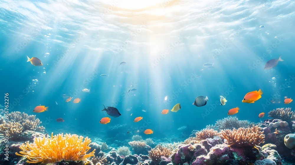 Fototapeta premium Underwater Scene with Colorful Marine Life and Sunlight Glimmering Through the Ocean Surface
