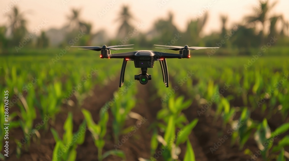 A drone hovers above a lush green field, showcasing modern agricultural technology in action amidst a serene landscape. A drone hovers above a lush green field, showcasing modern agricultural technology in action amidst a serene landscape.