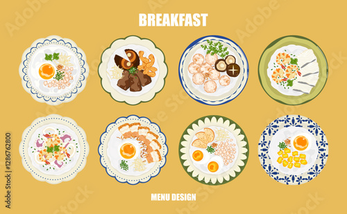 Vector illustration set of Thai breakfast for meals and single dishes. Healthy food, various delicious food, porridge, soft-boiled eggs, fish, shrimp, top view. Menu, restaurant for food design.
