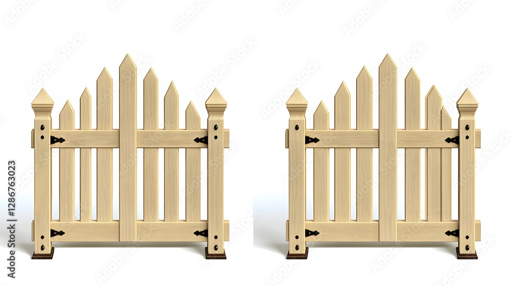 Pair of Decorative Wooden Gates with Picket Design and Natural Finish in Isolated Space Pair of Decorative Wooden Gates with Picket Design and Natural Finish in Isolated Space
