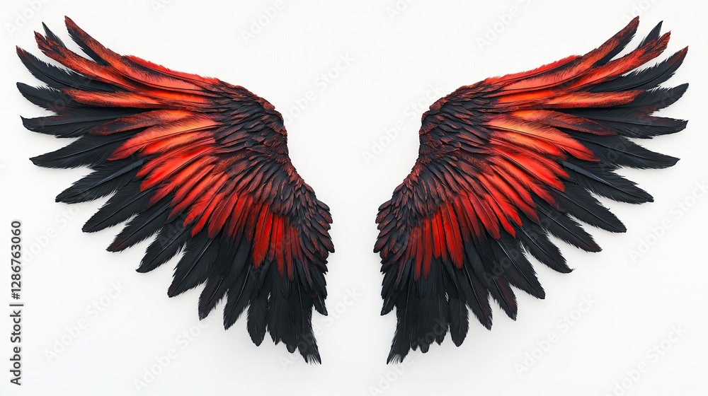 Obraz premium A pair of large, detailed wings, spread wide. The wings are predominantly red and black, with a mix of shades and gradations. The feathers are meticulously depicted, showing texture and depth. 