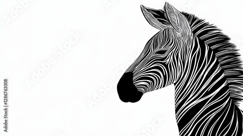 Profile Portrait of a Striped Zebra Against a Minimalist White Background