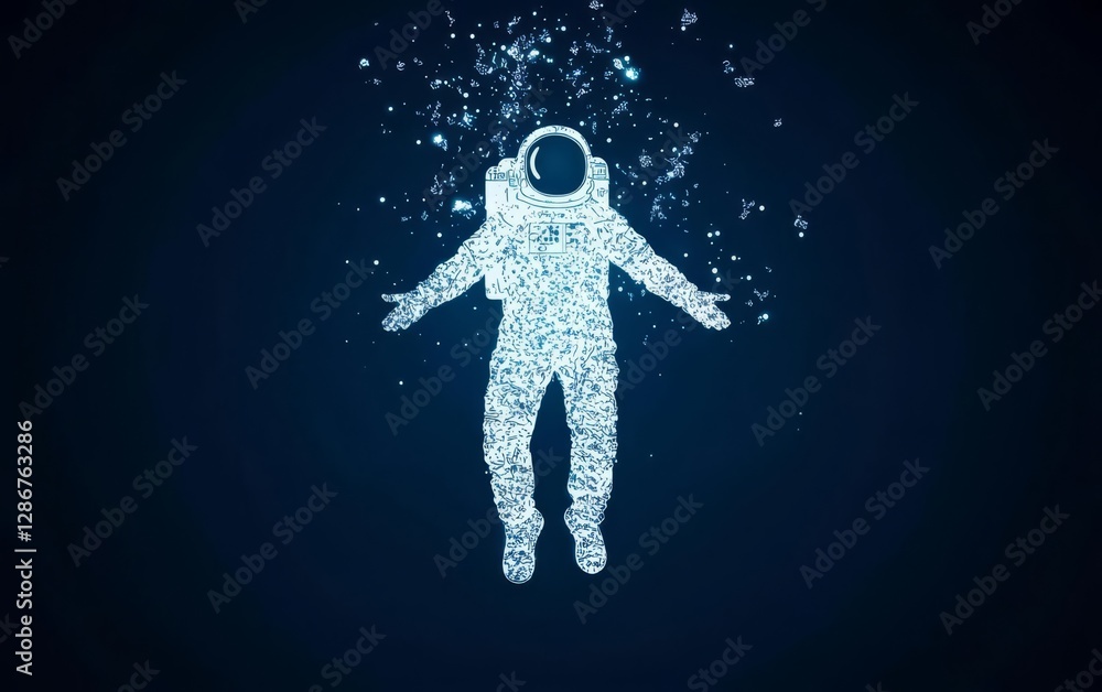 Fototapeta premium An astronaut floats in space, surrounded by sparkling stars and cosmic ambiance.