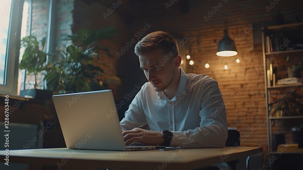 One happy young caucasian businessman working on a laptop in an office. Confident male entrepreneur planning while browsing the internet and sending emails to clients. Man joining a virtual conference