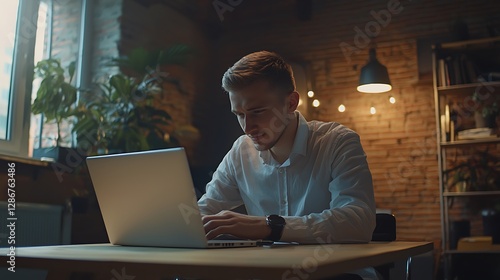 Obraz na płótnie One happy young caucasian businessman working on a laptop in an office. Confident male entrepreneur planning while browsing the internet and sending emails to clients. Man joining a virtual conference w salonie