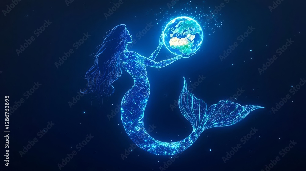 A glowing digital mermaid holds the Earth, symbolizing harmony between humanity and nature. A glowing digital mermaid holds the Earth, symbolizing harmony between humanity and nature.