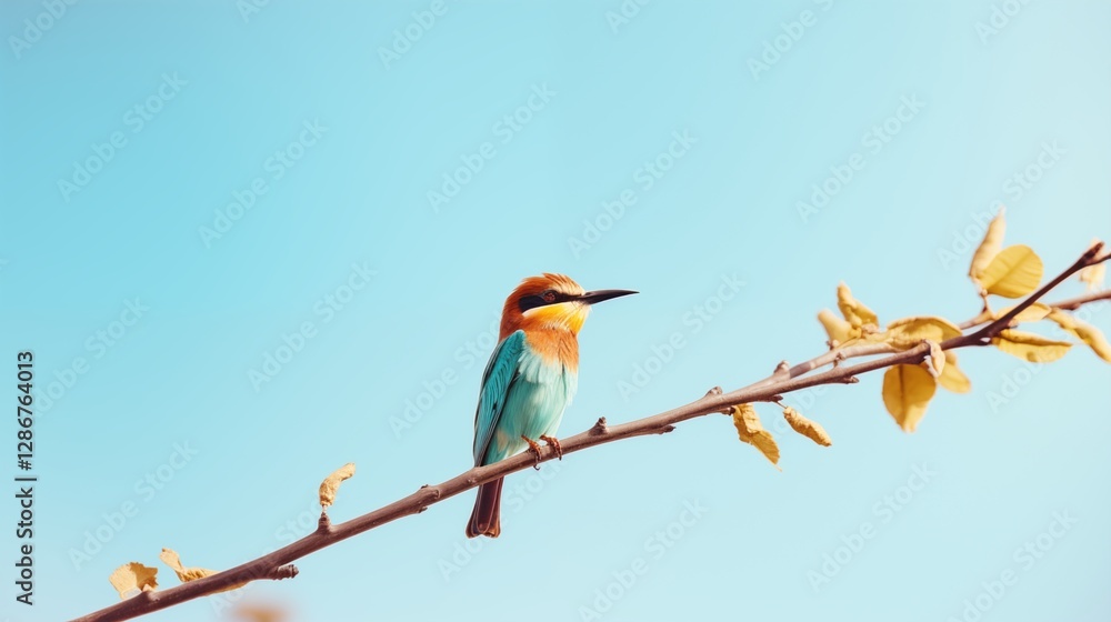 A rare bird species perched on a branch, right empty space, light sky-blue background,generative ai illustration A rare bird species perched on a branch, right empty space, light sky-blue background,generative ai illustration