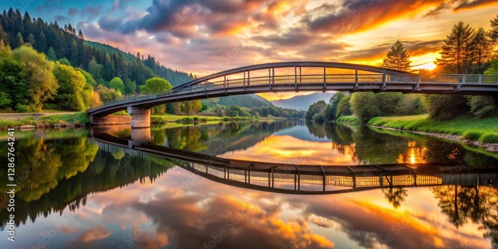Bridge over the River in the Black Forest at Sunset, reflection , river, reflection , river,bridge, sunset Bridge over the River in the Black Forest at Sunset, reflection , river, reflection , river,bridge, sunset