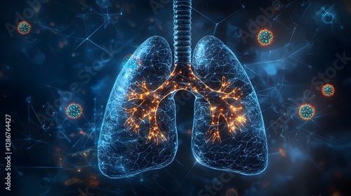 Futuristic 3D digital rendering of human lungs with glowing bacteria and dark blue medical background representing a visualization of lung disease such as or other respiratory infections