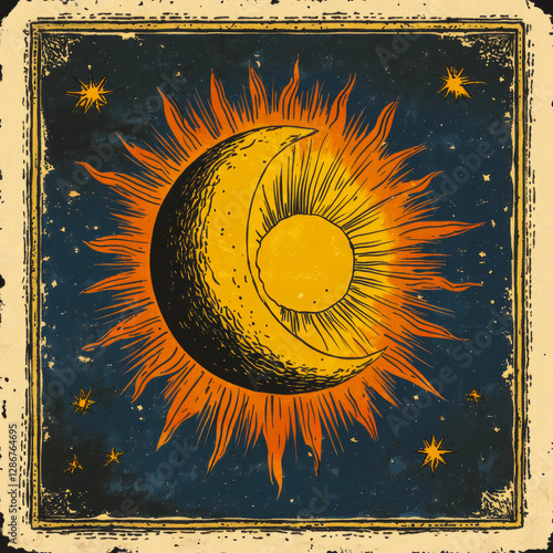 Embracing the mysteries of the Moon tarot card with a radiant Sun illuminating its beauty in a vintage illustration filled with vibrant colors