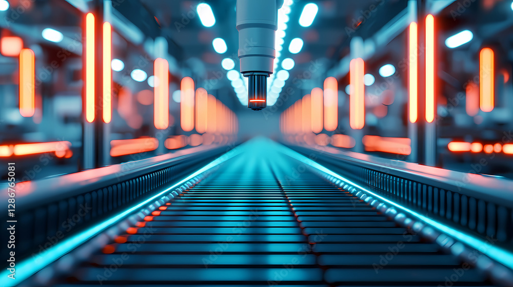 Fototapeta premium A futuristic conveyor system with glowing lights and a focused perspective, suggesting advanced technology in a manufacturing environment.