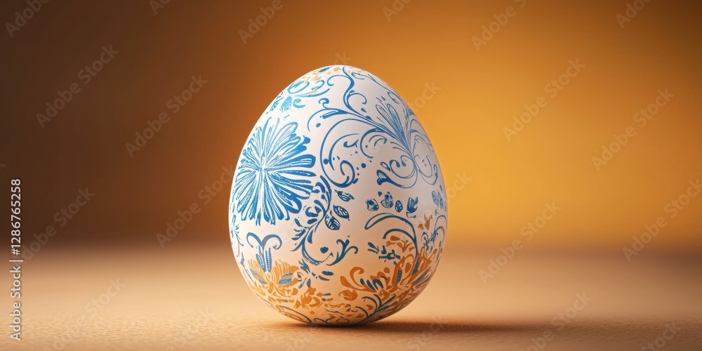 Easter egg with high-gloss ceramic and intricate blue patterns on a warm background Easter egg with high-gloss ceramic and intricate blue patterns on a warm background