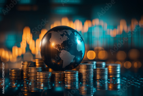 Conceptual image of global finance with stacked coins and a world globe against a digital backdrop of stock market trends, financial graphs, and fluctuating data, symbolizing economic growth and trade