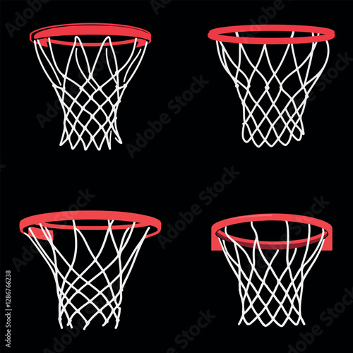 Realistic Basketball Hoop Vector Set with Different Net Styles for Sports Graphics, Logo Design, and Poster Illustrations