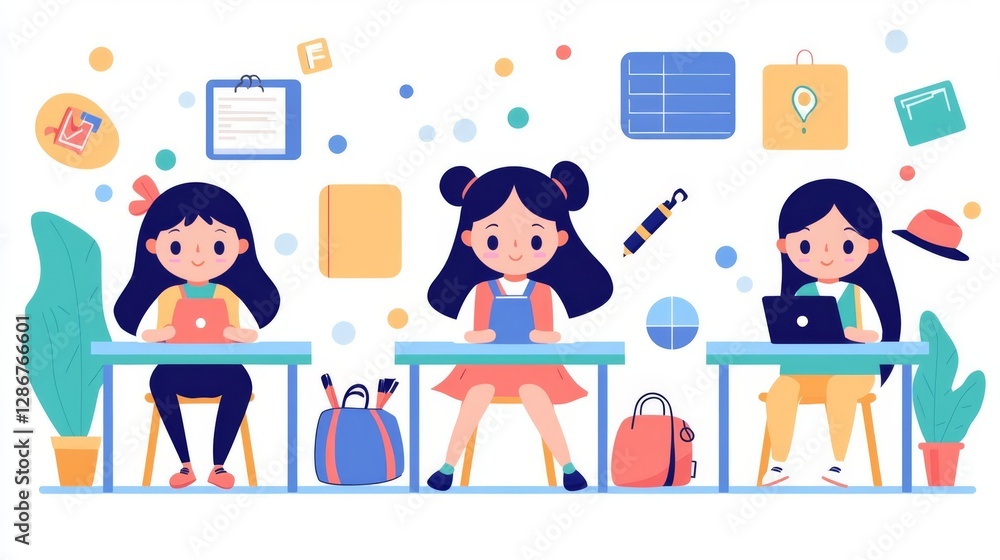 Three young girls studying with laptops in a vibrant classroom setting. Three young girls studying with laptops in a vibrant classroom setting.
