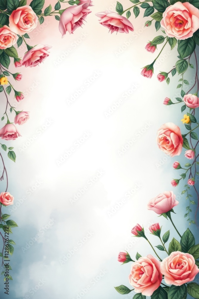 Beautiful floral border design featuring pink roses, soft hues, and delicate vines perfect for invitations or artwork Beautiful floral border design featuring pink roses, soft hues, and delicate vines perfect for invitations or artwork