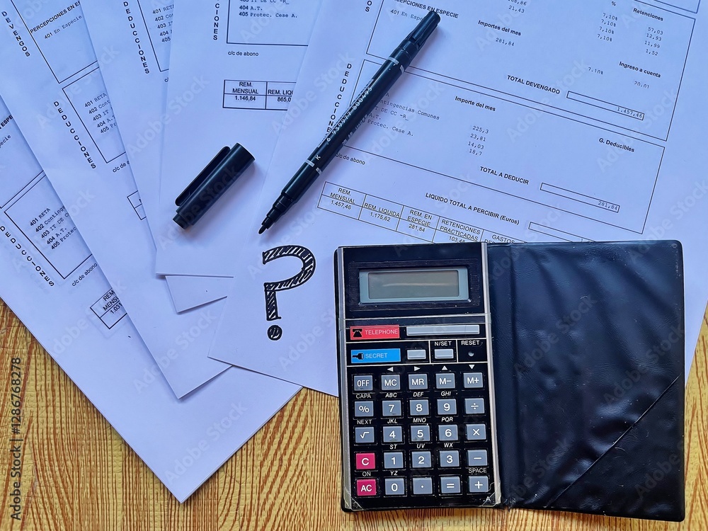 Contabilidad con papeles de oficina junto a calculadora, rotulador y símbolo de interrogación hecho a mano Contabilidad con papeles de oficina junto a calculadora, rotulador y símbolo de interrogación hecho a mano
