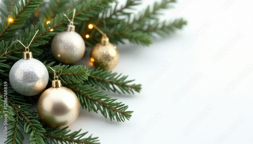 Twinkling silver and gold ornaments adorn a minimalist wooden garland with evergreen branches on a white background, silver, festive, simple Twinkling silver and gold ornaments adorn a minimalist wooden garland with evergreen branches on a white background, silver, festive, simple