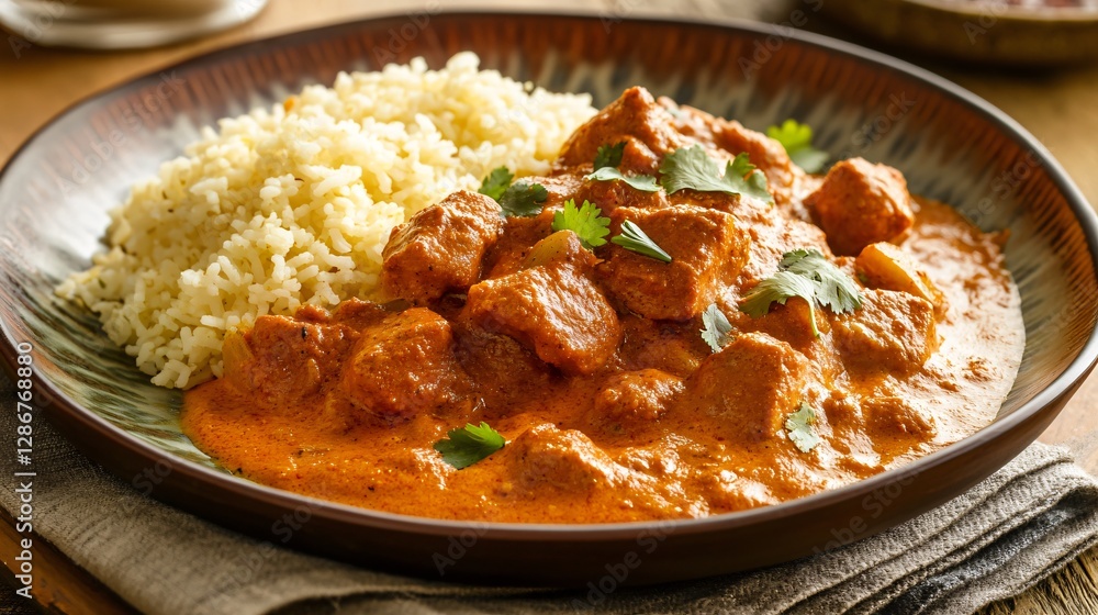 A contemporary fusion-style tikka masala dish, plated with a side of turmeric-infused couscous instead of rice, with bold contrasting colors A contemporary fusion-style tikka masala dish, plated with a side of turmeric-infused couscous instead of rice, with bold contrasting colors