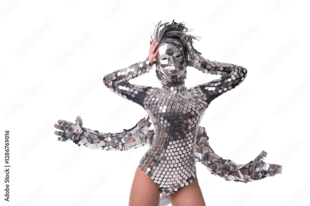Stunning dancer wearing reflective costume poses in artistic expression