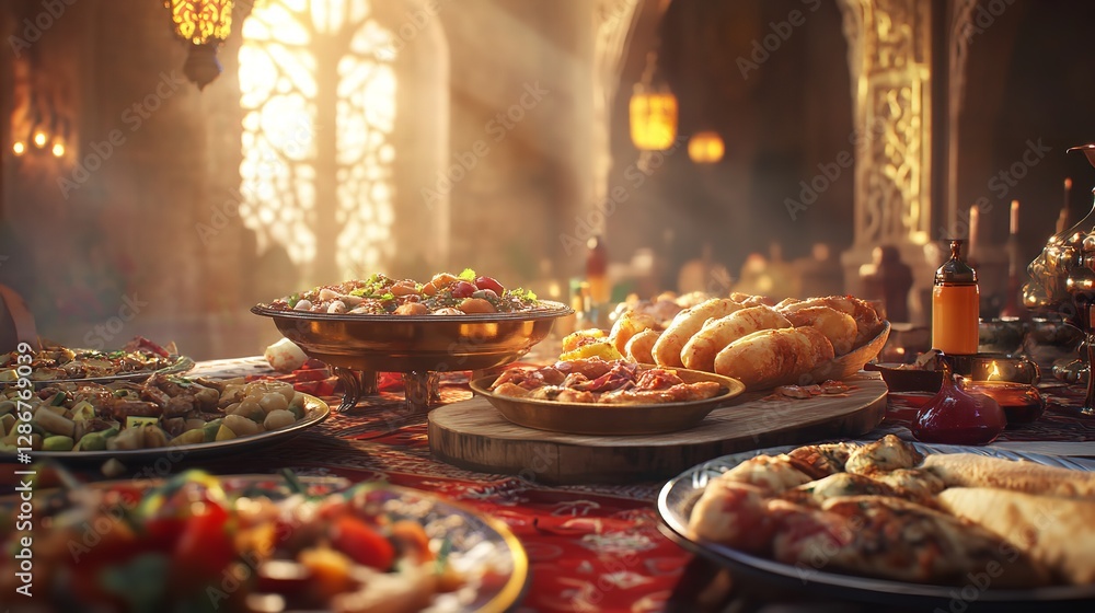 Conceptual backdrop for the Eid al Adha celebration focusing on Halal food, highlighting the significance of Halal cuisine during this festive occasi Conceptual backdrop for the Eid al Adha celebration focusing on Halal food, highlighting the significance of Halal cuisine during this festive occasi