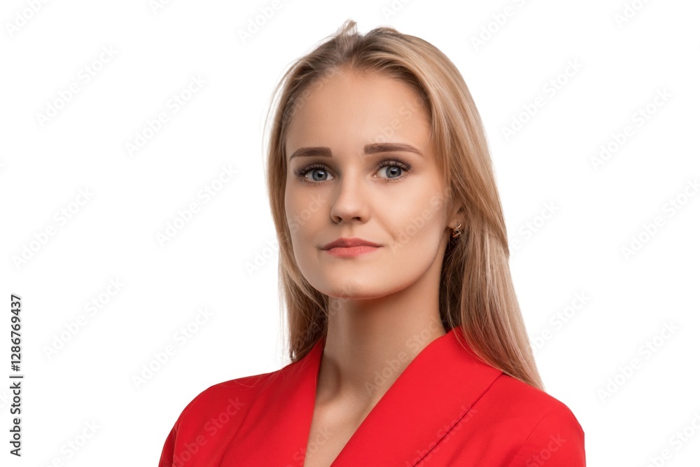Confident woman in red blazer poses against plain background
