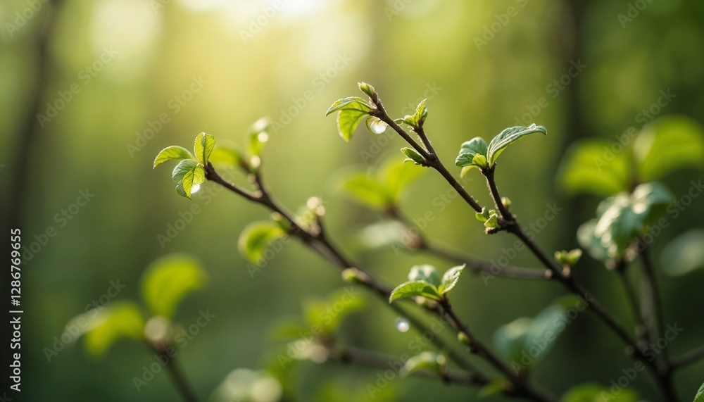 Close-up of fresh green leaves and dew drops on a branch bathed in soft sunlight Close-up of fresh green leaves and dew drops on a branch bathed in soft sunlight