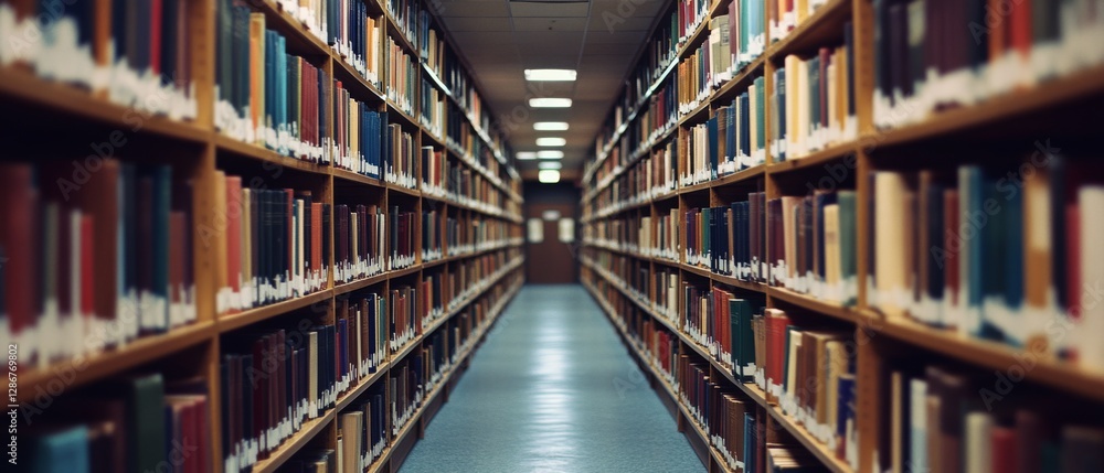 Narrow library aisle framed by endless shelves of colorful books promises a journey of exploration and discovery. Narrow library aisle framed by endless shelves of colorful books promises a journey of exploration and discovery.