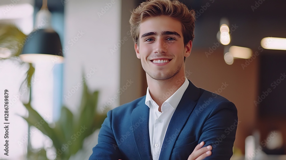 Portrait a smiling young businessman. Portrait handsome confident smiling businessman standing with arms crossed in the office and looking at camera. businessman