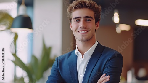 Obraz na płótnie Portrait a smiling young businessman. Portrait handsome confident smiling businessman standing with arms crossed in the office and looking at camera. businessman w salonie