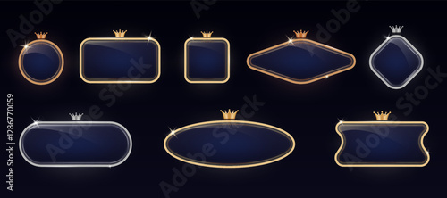Gold frame. Black luxury badge or tag, 3d different geometric shape, premium golden metal, royal noble elegant glowing crown. Golden and silver decorative emblem. Vector banner template