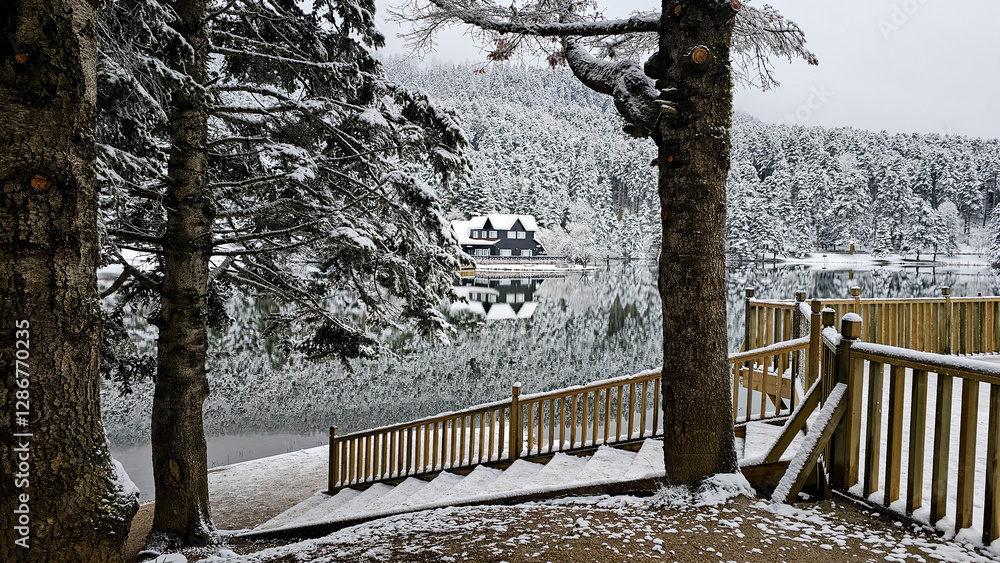 Bolu Golcuk National Park, lake wooden house on a snowy winter day in the forest in Turkey