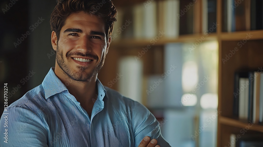Portrait a smiling young businessman. Portrait handsome confident smiling businessman standing with arms crossed in the office and looking at camera. businessman