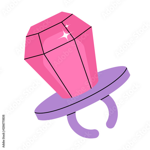 Stylish pink candy gem ring with a glossy purple base. Pop style of the 90s. Isolated on white background. Retro style, girly accessories, early 2000s Millennium aesthetic. Y2k element for posters.