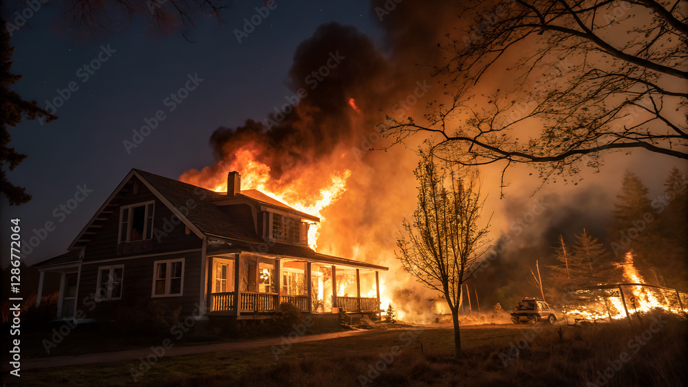 House engulfed in flames at night with heavy smoke and burning trees around
