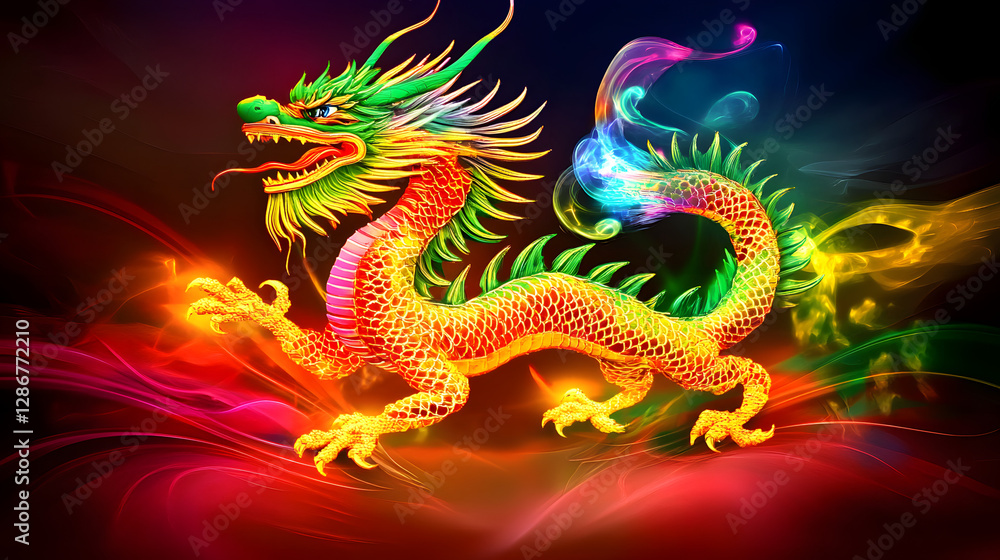 Obraz premium Colorful dragon illustration on a black background showcasing intricate details and vibrant hues