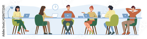People work on computer. Laptop on desk, man team character or business employee person. Freelance worker. Employee men and women using gadgets. Cartoon flat style isolated vector design