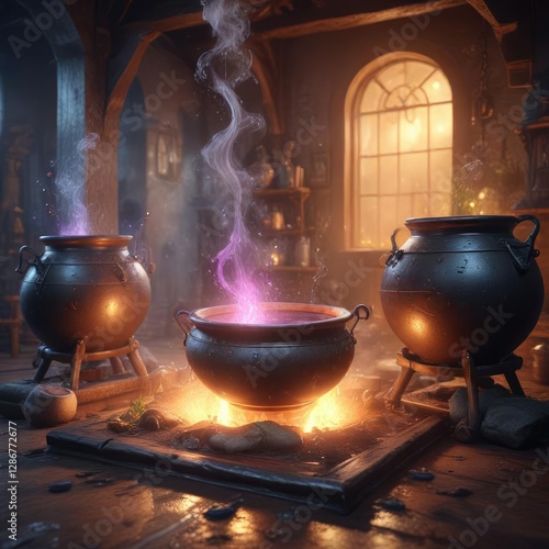 Whimsical painting of magical elixir brewing in mystical cauldrons, whimsical, magical, painting, fantasy photo