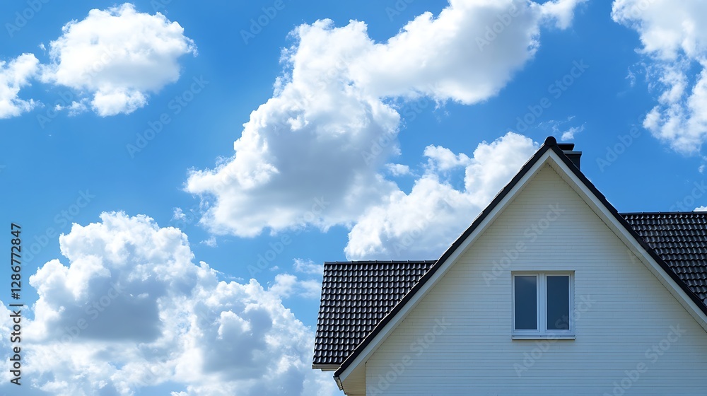 White house roof against a blue sky with fluffy clouds. White house roof against a blue sky with fluffy clouds.
