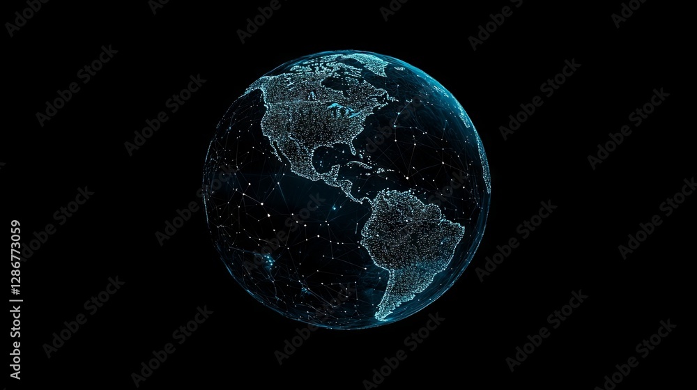 Luminous depiction of Earth featuring linked points that represent worldwide communication, technological advancements, and digital connectivity Luminous depiction of Earth featuring linked points that represent worldwide communication, technological advancements, and digital connectivity