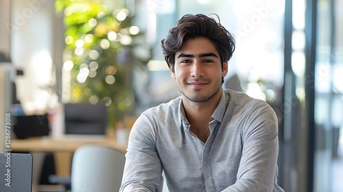 Portrait businessman Shot a young businessman sitting on desk in modern office and looking at camera, smiling businessman