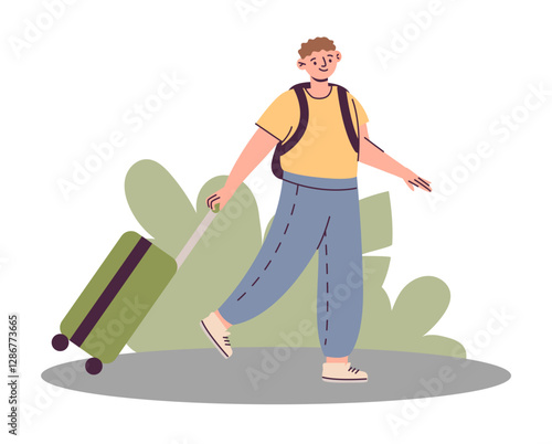 Child leaving home door. Guy walking and carrying baggage. Travel luggage. Boy holding suitcase. Tourist bag. Persons return. Coming to house. Young man trip. Vector homecoming concept
