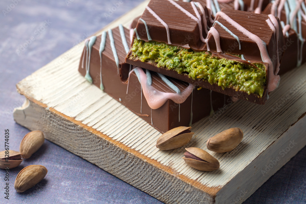Dubai chocolate, milk chocolate filled with peanut butter and kunefe