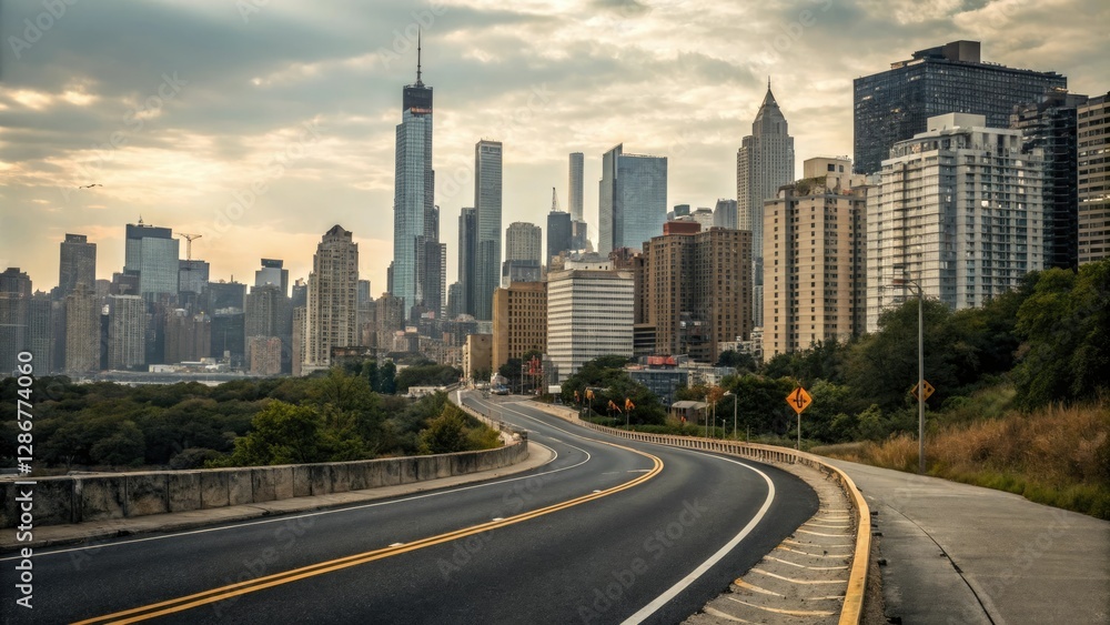 Fototapeta premium Wide shot of an asphalt road winding its way through the heart of a bustling city amidst towering skyscrapers, urban sprawl, asphalt road, city streets, skyscraper