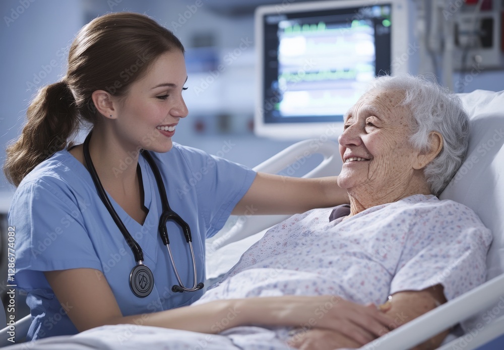 Obraz premium A nurse is comforting an elderly woman in a hospital bed. The nurse is wearing a blue scrubs and is holding the woman's hand