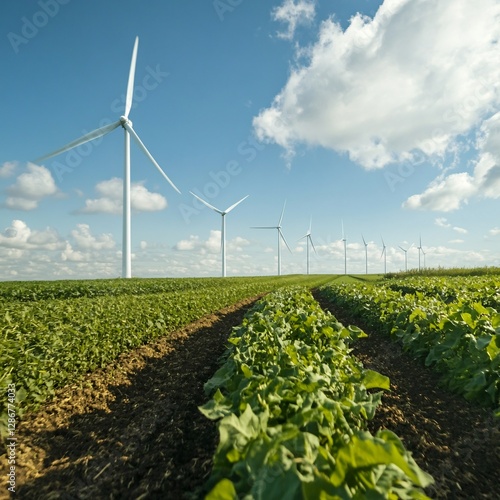 Renewable energy production wind turbines in agricultural fields nature landscape clear sky sustainable future photo