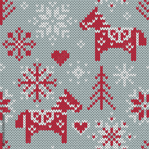 Horse folk  jacquard knitted seamless pattern. Scandinavian style.  Red and gray background with cute animals. Vector illustration.