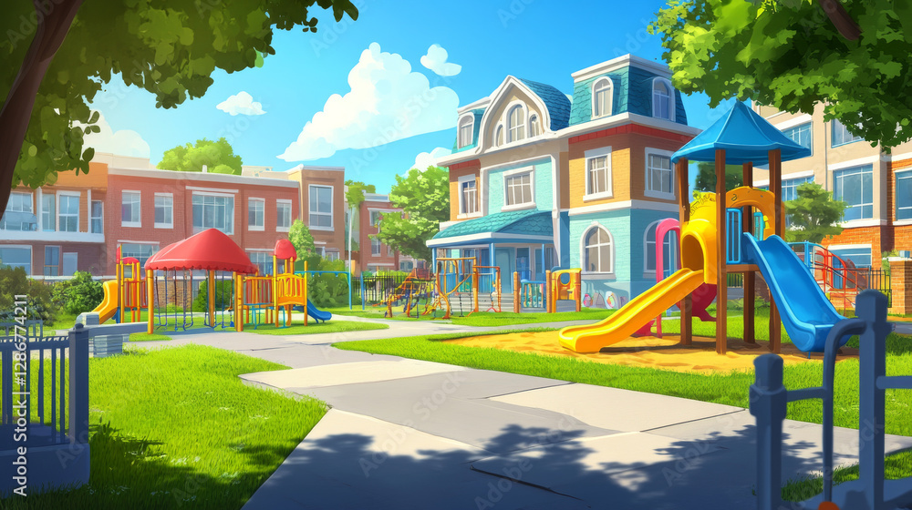 Obraz Welcome to super kindergarten poster. Vector cartoon illustration of daycare building on city street and playground with slide for kids on green lawn. Banner template for kindergarten entrance