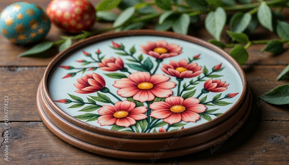 Hand-painted floral plate with Easter eggs and greenery on wooden table Hand-painted floral plate with Easter eggs and greenery on wooden table